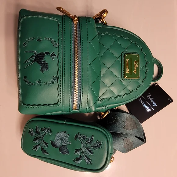 Bambi Loungefly X Disney Green Quilted Pattern Crossbody Sling Matching Coin Bag - Picture 12 of 16
